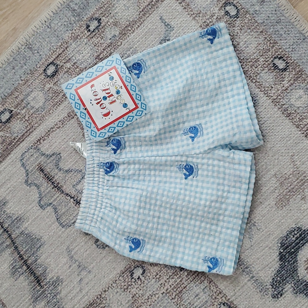 NWT Cotton Kids Blue Seersucker Embroidered Whales Pull-on Shorts Sz6m